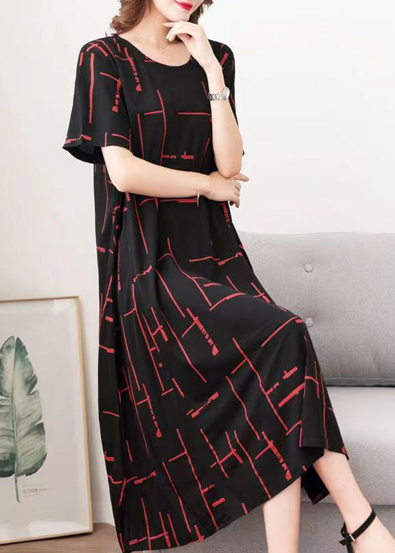 Stylish Black O Neck Striped Patchwork Cotton Dresses Summer