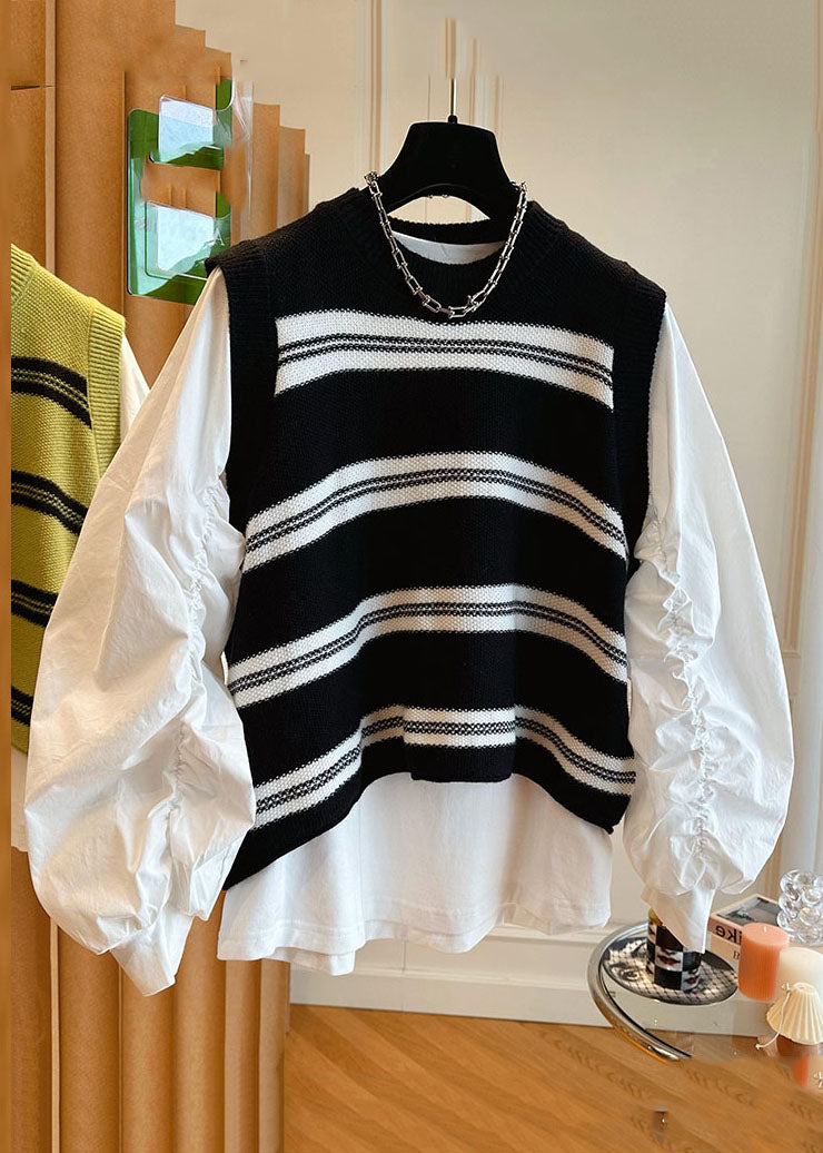 Stylish Black O-Neck Striped Patchwork Knit Waistcoat And Shirts Two Pieces Set Long Sleeve