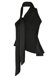 Stylish Black One Shoulder Bow Patchwork Cotton Blouse Tops Sleeveless