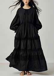 Stylish Black Oversized Cotton Long Dresses Lantern Sleeve