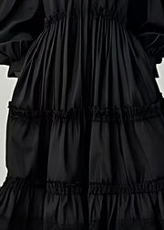 Stylish Black Oversized Cotton Long Dresses Lantern Sleeve