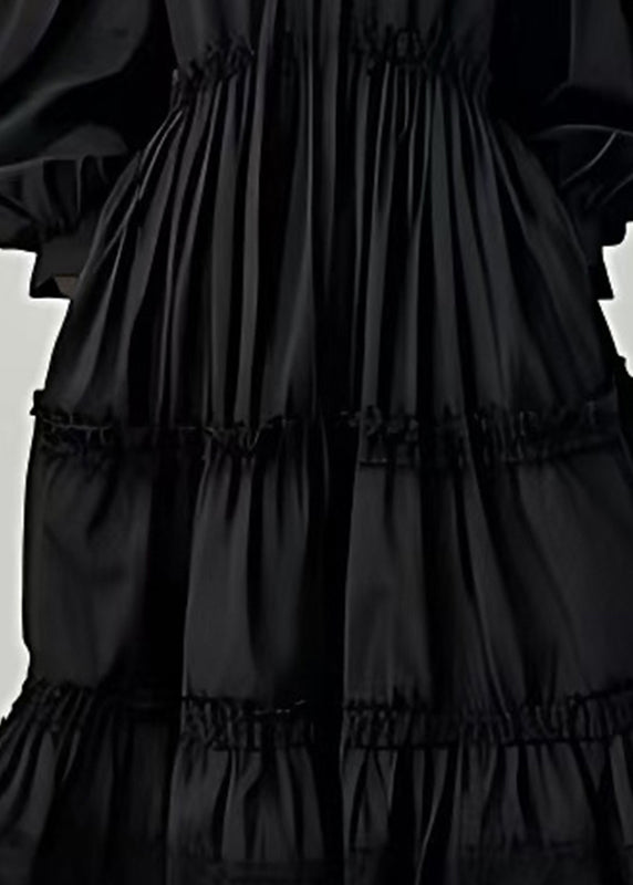 Stylish Black Oversized Cotton Long Dresses Lantern Sleeve