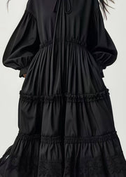 Stylish Black Oversized Cotton Long Dresses Lantern Sleeve