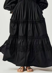 Stylish Black Oversized Cotton Long Dresses Lantern Sleeve