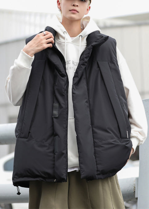 Stylish Black Oversized Drawstring Fine Cotton Filled Men Puffer Vests Winter