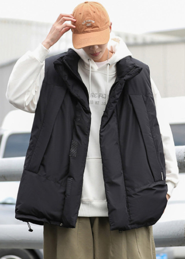 Stylish Black Oversized Drawstring Fine Cotton Filled Men Puffer Vests Winter