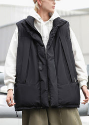 Stylish Black Oversized Drawstring Fine Cotton Filled Men Puffer Vests Winter