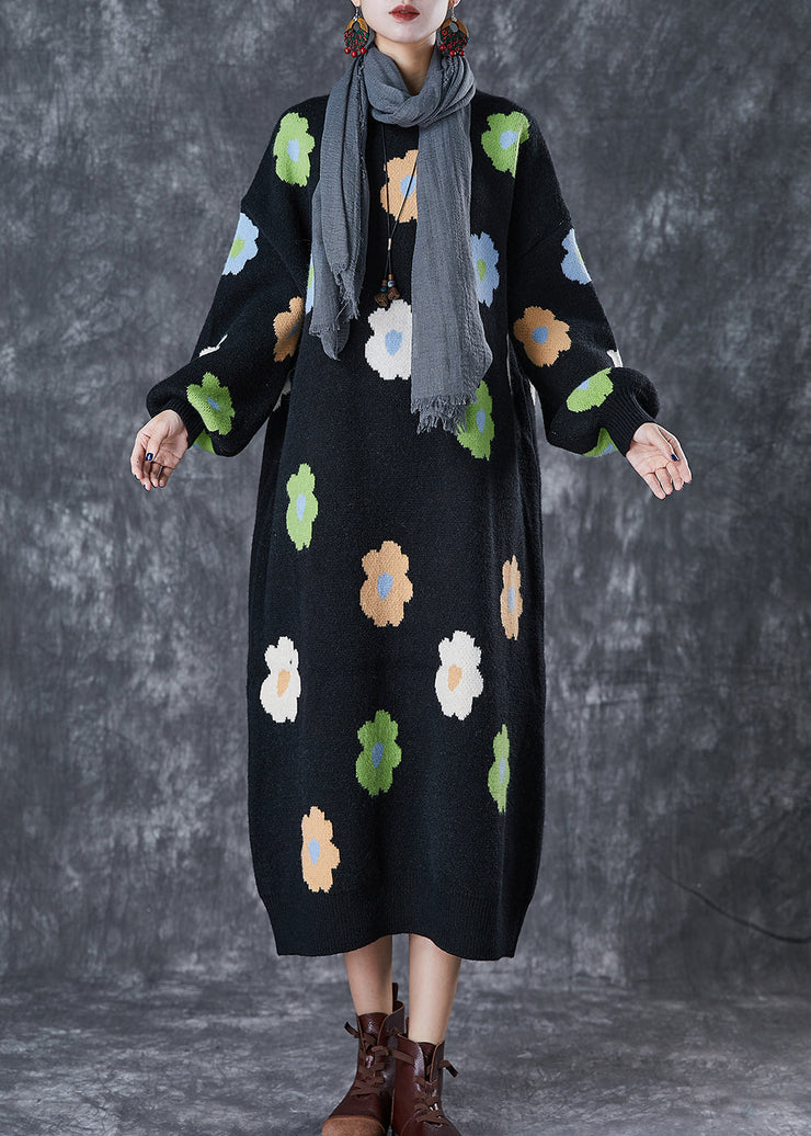 Stylish Black Oversized Floral Knit Long Dress Fall