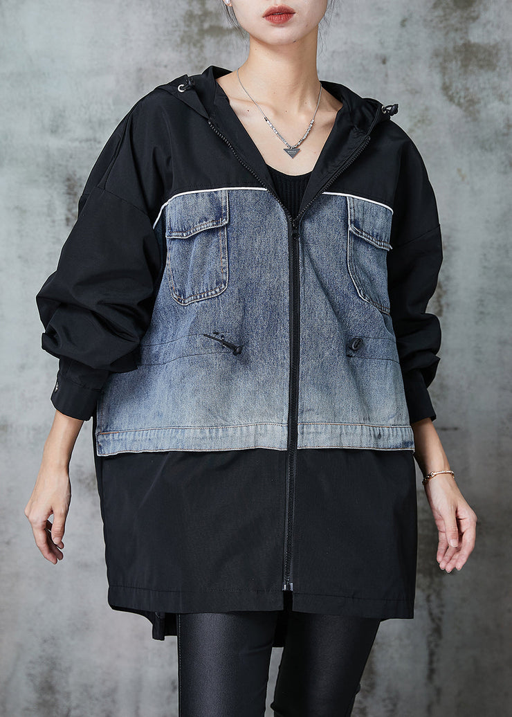 Stylish Black Oversized Patchwork Drawstring Cotton Coat Spring