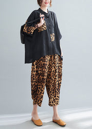 Stylish Black Oversized Patchwork Leopard Two Pieces Set Summer