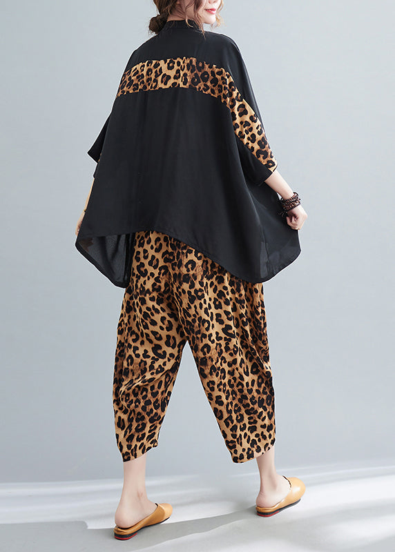 Stylish Black Oversized Patchwork Leopard Two Pieces Set Summer