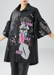 Stylish Black Oversized Patchwork Print Cotton Shirt Top Puff Sleeve