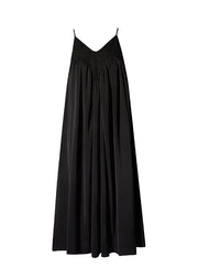 Stylish Black Oversized Patchwork Wrinkled Cotton Spaghetti Strap Long Dresses Sleeveless