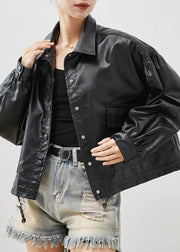 Stylish Black Oversized Pockets Faux Leather Coats Spring