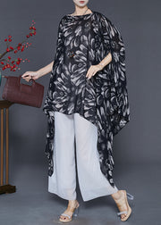 Stylish Black Oversized Print Chiffon Shirts Batwing Sleeve