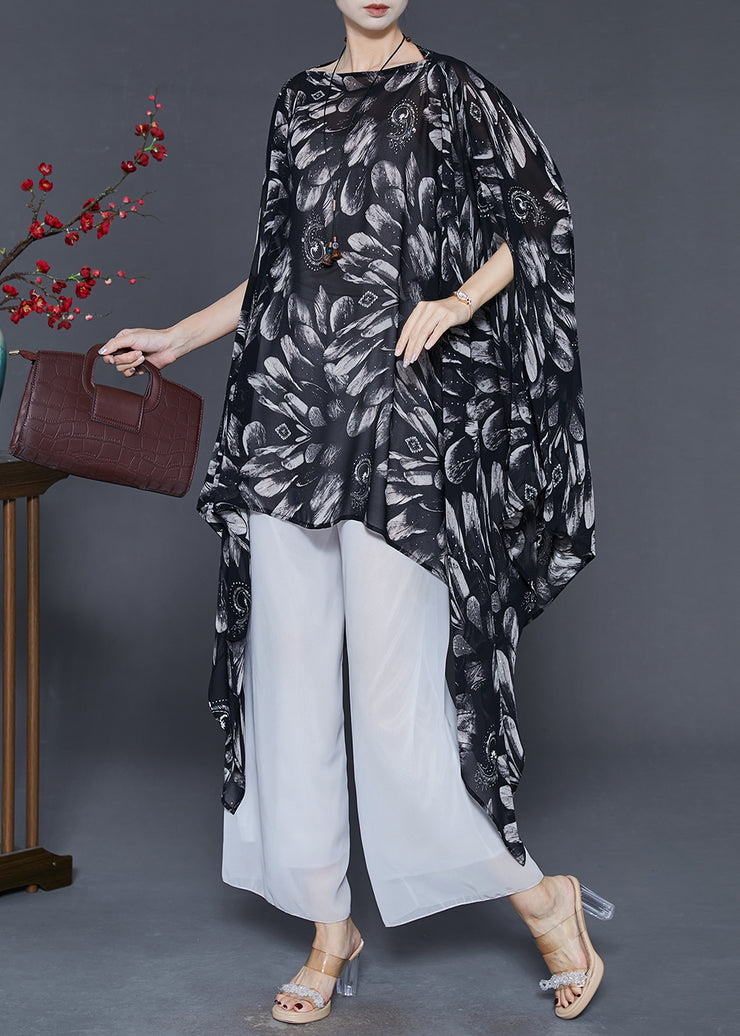 Stylish Black Oversized Print Chiffon Shirts Batwing Sleeve