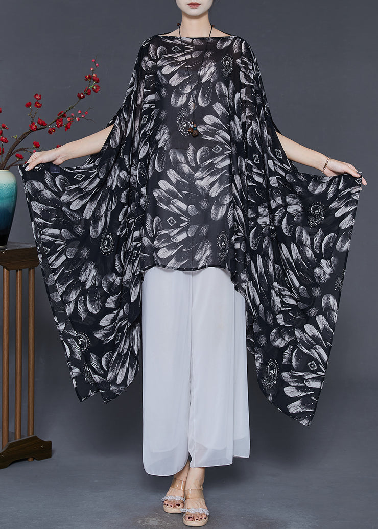 Stylish Black Oversized Print Chiffon Shirts Batwing Sleeve