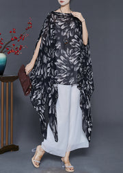 Stylish Black Oversized Print Chiffon Shirts Batwing Sleeve