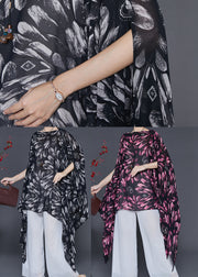 Stylish Black Oversized Print Chiffon Shirts Batwing Sleeve