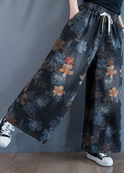 Stylish Black Oversized Print Cotton Denim Straight Pants Spring