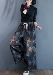 Stylish Black Oversized Print Cotton Denim Straight Pants Spring