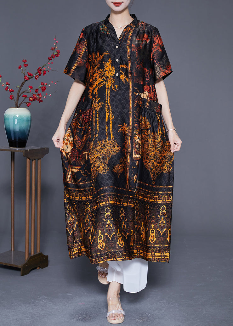 Stylish Black Oversized Print Pockets Silk Long Dress Summer