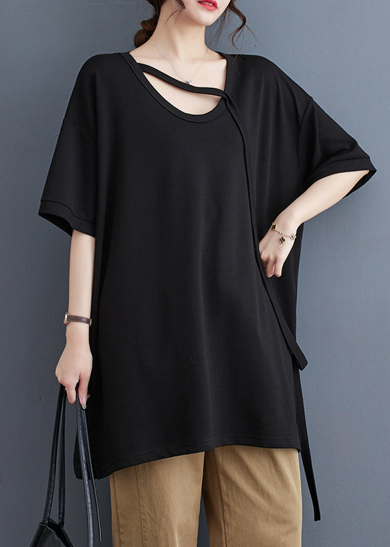 Stylish Black Oversized Side Open Cotton Long Tanks Summer