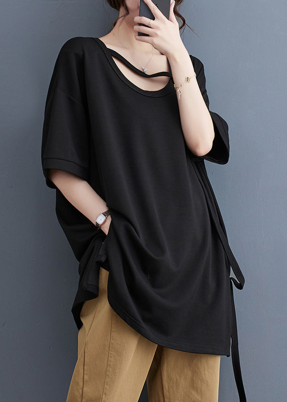 Stylish Black Oversized Side Open Cotton Long Tanks Summer