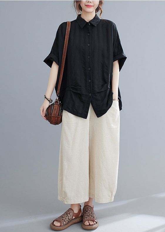 Stylish Black Oversized Wrinkled Cotton Shirt Top Summer