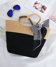 Stylish Black Patchwork Knit Fabric Cotton Beach Tote Handbag