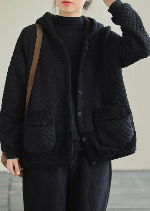 Stylish Black Patchwork Pockets Warm Fleece Hooded Coats Fall