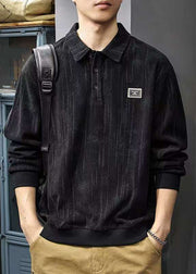 Stylish Black Peter Pan Collar Button Cotton Mens Sweatshirts Spring