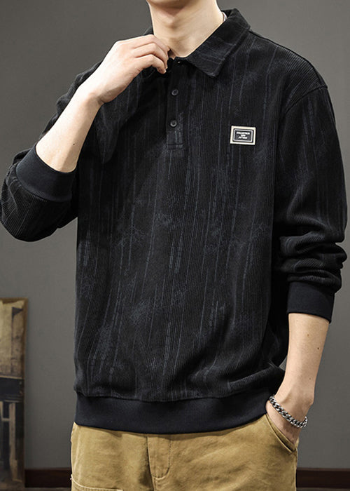 Stylish Black Peter Pan Collar Button Cotton Mens Sweatshirts Spring