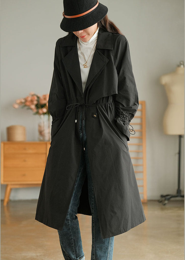 Stylish Black Peter Pan Collar Drawstring Cotton Trench Coat Outwear Fall