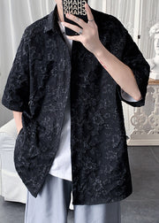 Stylish Black Peter Pan Collar Jacquard Cotton Men Shirts Summer