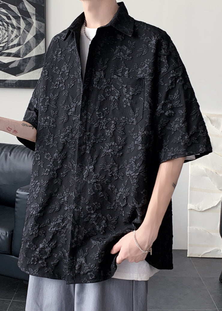 Stylish Black Peter Pan Collar Jacquard Cotton Men Shirts Summer