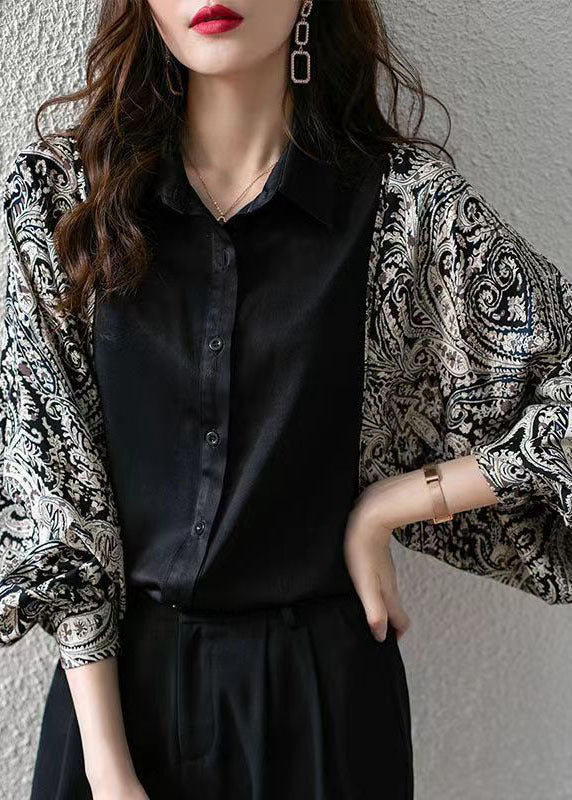 Stylish Black Peter Pan Collar Oversized Print Patchwork Chiffon Shirts Batwing Sleeve