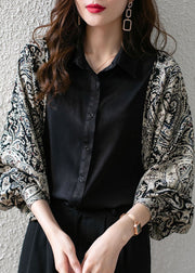 Stylish Black Peter Pan Collar Oversized Print Patchwork Chiffon Shirts Batwing Sleeve