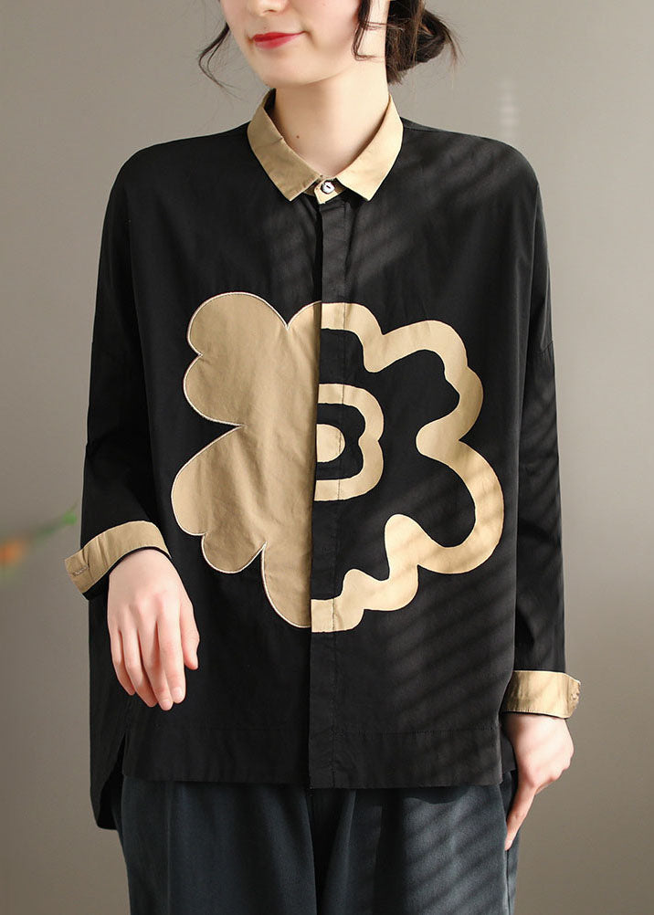 Stylish Black Peter Pan Collar Patchwork Low High Design Cotton Shirt Top Long Sleeve