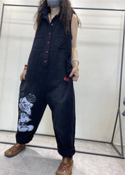 Stylish Black Peter Pan Collar Print Button Denim Jumpsuits Spring