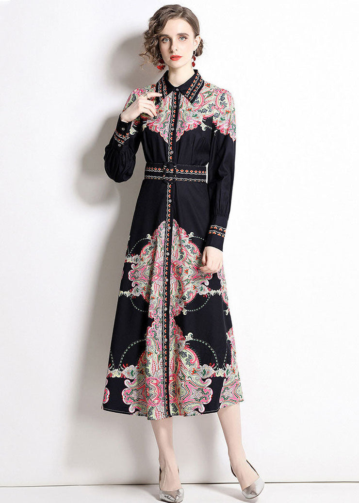 Stylish Black Peter Pan Collar Print Chiffon Long Cinch Dresses Fall