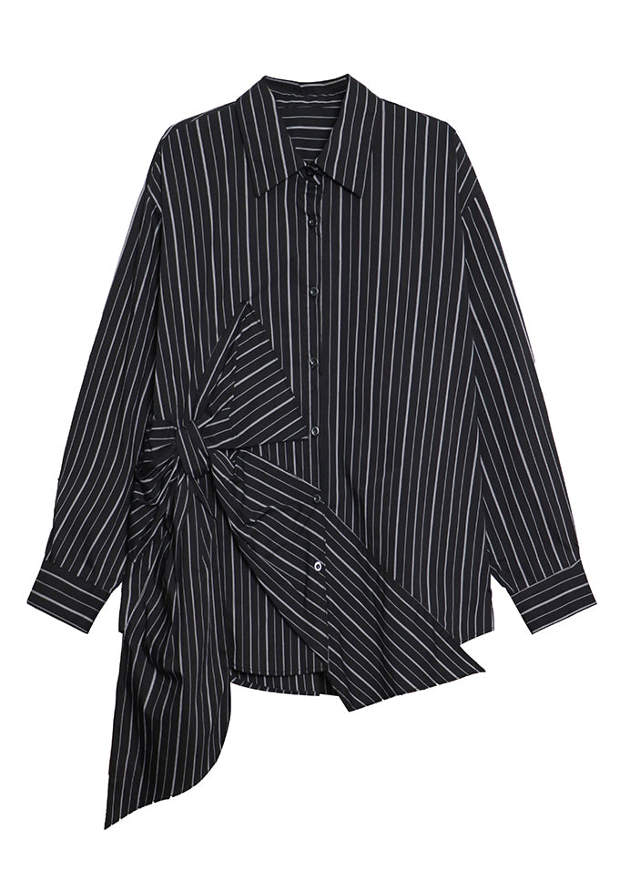 Stylish Black Peter Pan Collar Striped Bow Cotton Shirt Tops Fall