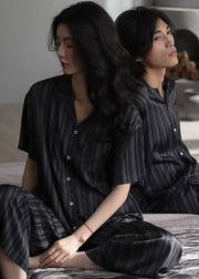 Stylish Black Peter Pan Collar Striped Button Ice Silk Couple Pajamas Two Pieces Set Summer