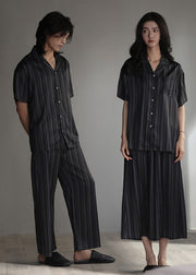 Stylish Black Peter Pan Collar Striped Button Ice Silk Couple Pajamas Two Pieces Set Summer