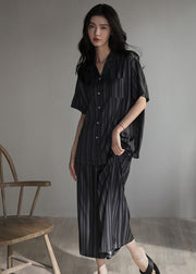 Stylish Black Peter Pan Collar Striped Button Ice Silk Couple Pajamas Two Pieces Set Summer