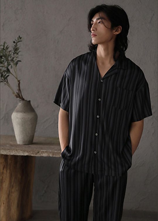 Stylish Black Peter Pan Collar Striped Button Ice Silk Couple Pajamas Two Pieces Set Summer