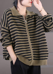 Stylish Black Peter Pan Collar Zippered Striped Knit Sweaters Coats Long Sleeve