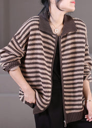 Stylish Black Peter Pan Collar Zippered Striped Knit Sweaters Coats Long Sleeve