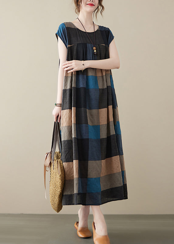 Stylish Black Plaid O-Neck Linen Long Dresses Short Sleeve