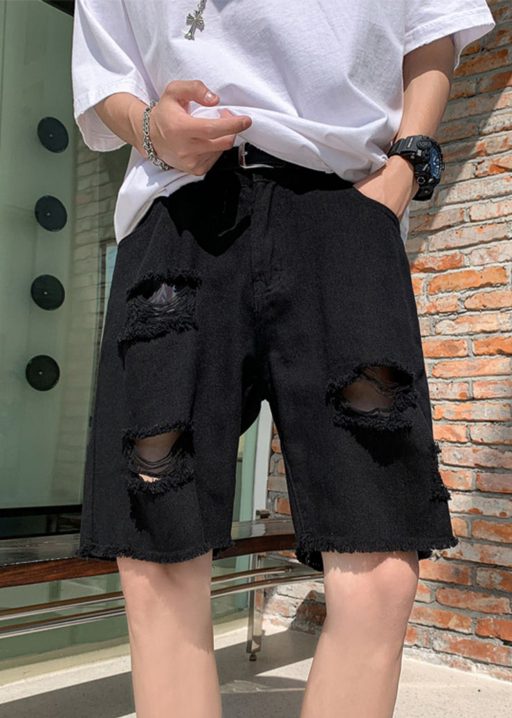 Stylish Black Pockets High Waist Men Ripped Jeans Summer